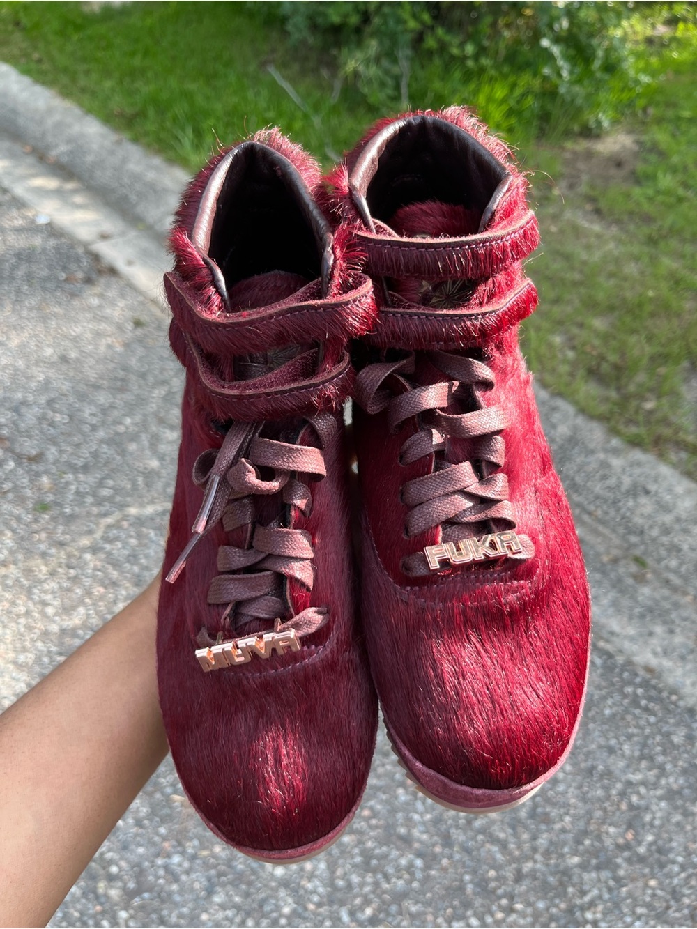 Reebok Women's Burgundy Faux-Hair High-Top Sneakers with Strap